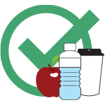 image of a water bottle, apple, and lidded coffee cup with a check mark