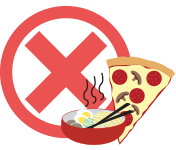 Image of a ramen bowl and pizza slice with an x