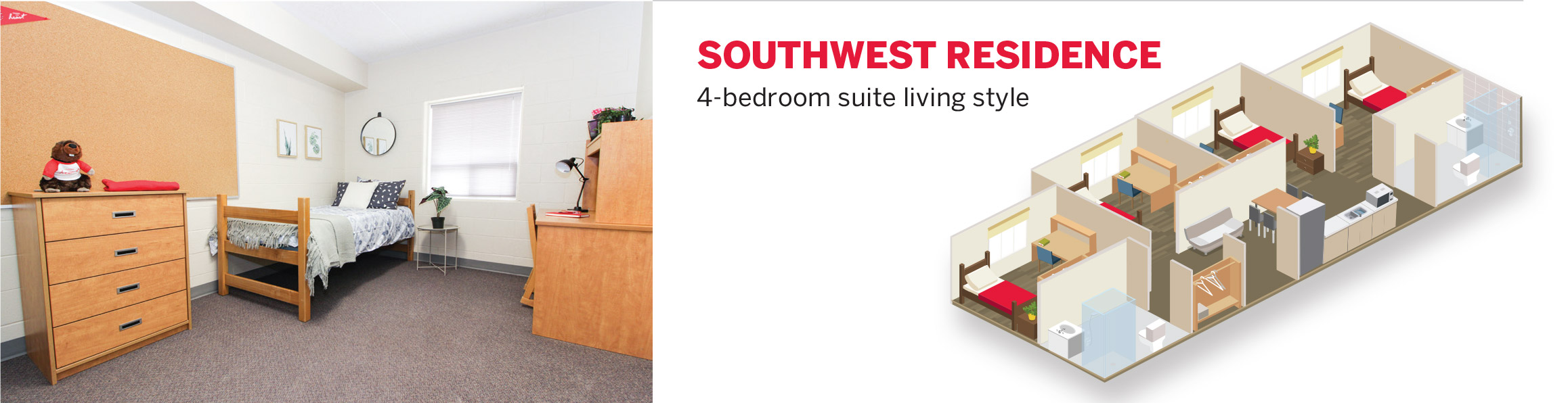 photo of room in Southwest Residence and an overview rendering showing the layout with four single bedrooms sharing a semi-private kitchenette, living room and two washrooms